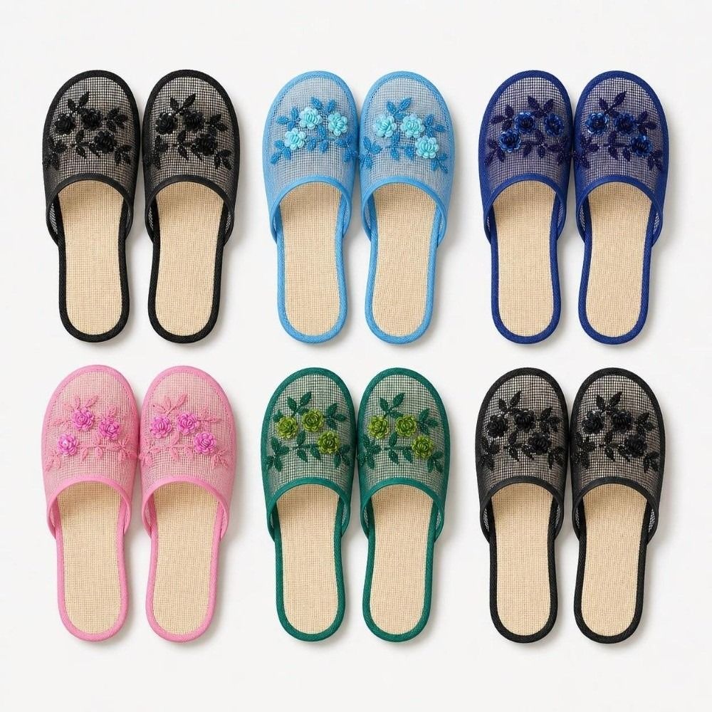 Embroidery Embellishments - รองเท้าแตะตาข่ายปักลายดอกไม้แบบสบาย ๆ พื้นนุ่ม ระบายอากาศได้ดี รองเท้าแตะแบบสวมปิดหัวเท้ากันลื่นสำหรับผู้หญิง