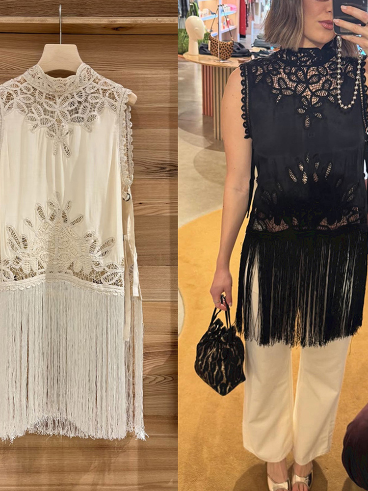 เสื้อเชิ้ตผู้หญิงคอตั้งแบบฝรั่ - Tassel Fringe Trim บทวิจารณ์และราคา