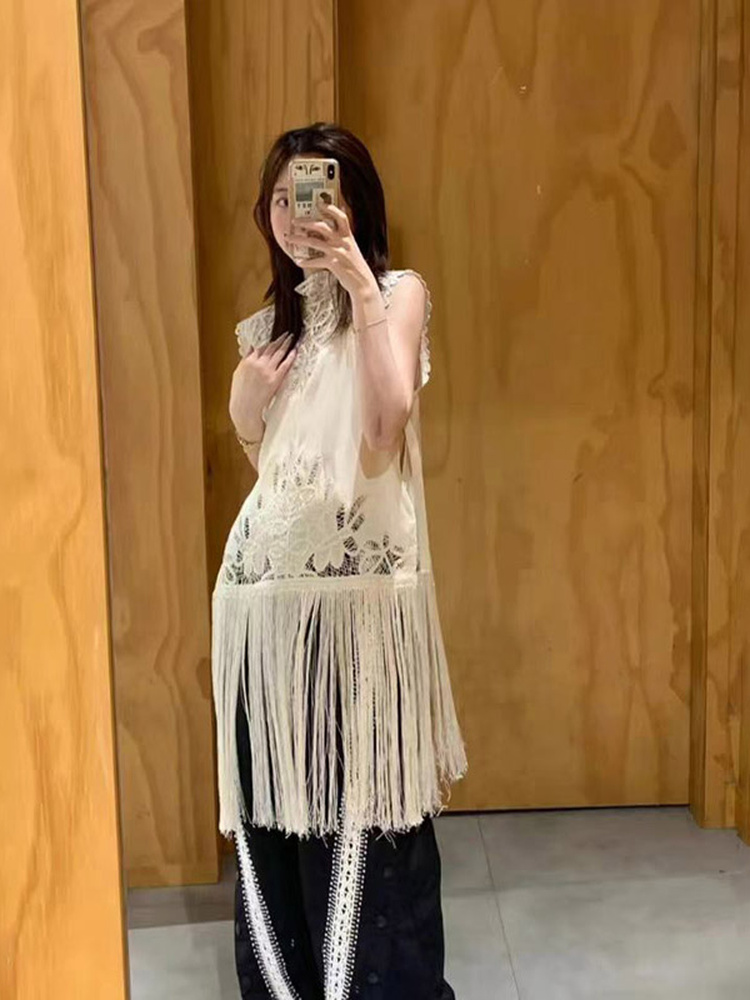 เสื้อเชิ้ตผู้หญิงคอตั้งแบบฝรั่ - Tassel Fringe Trim บทวิจารณ์และราคา
